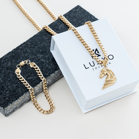 Combo Cadena y Pulsera Cubana + Dije Caballo